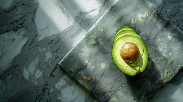 avocado cut in half on a stone surface with copy space