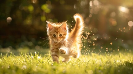 playful red ginger tabby maine coon kitten running on grass outdoors in sunlight - obrazy, fototapety, plakaty
