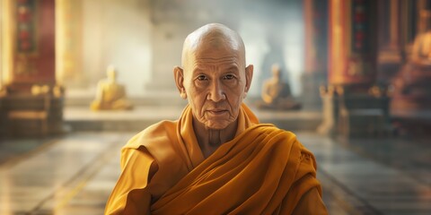 Elderly Buddhist monk in traditional orange robes meditates peacefully in a temple, with golden statues in the background