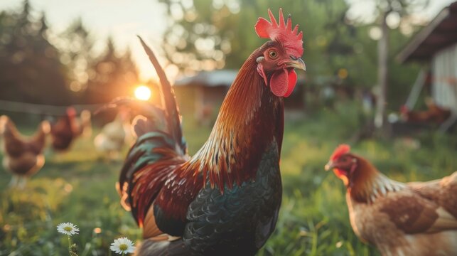 Rooster and chickens on traditional free range poultry farm.