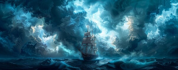 Gloomy, dense clouds shrouding an old wooden ship at sea, sails billowing, crew bracing for a rough night - obrazy, fototapety, plakaty