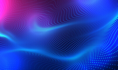 Abstract digital waving 3d particle technology background design. Futuristic moving dots particles, hi-tech and big data visualization for brochures, flyers, magazine, business card, banner. Vector.