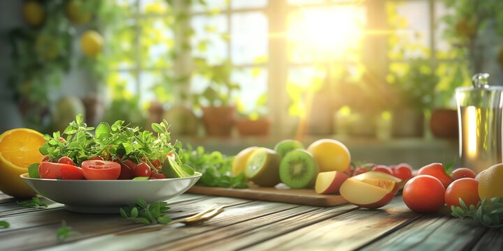 Vibrant image of a bowl of fresh salad and fruits with sunlight beautifully enhancing the vivid colors and textures, set on a rustic background