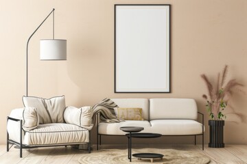 Beige Scandinavian Interior with Poster Mockup created with Generative AI