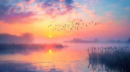 Scenic view of beautiful sunrise or dawn above the pond or lake at spring or early morning with cloudy fog over water and reed with dew. - obrazy, fototapety, plakaty