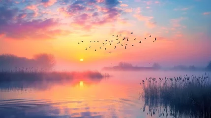 Foto op Canvas Scenic view of beautiful sunrise or dawn above the pond or lake at spring or early morning with cloudy fog over water and reed with dew. © Plaifah