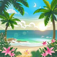 Fototapeta na wymiar A vibrant art illustration of a tropical beach with palm trees, colorful flowers, and a clear blue sky. The scene captures the essence of a sunny daytime with greenery and botanical elements