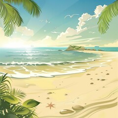 Fototapeta na wymiar A art illustration showcasing a tropical beach with palm trees set against a clear blue sky. The green plants and water resources highlight the ecoregions natural beauty during daytime