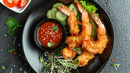 Shrimp tempura in black plate with vegetables and dipping sauce