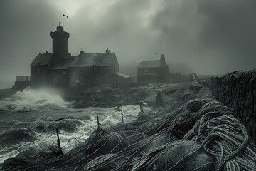 Dark, moody skies loom over the clustered fishing village as rain threatens, nets still drying - obrazy, fototapety, plakaty
