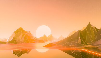 3d low poly mountain orange terrain sun reflection on water surface with glowing stripes road. sunset sky digital background blank space.