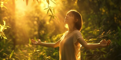 A serene background as a woman immerses herself in the beauty of nature with open arms welcoming the sun's warmth - obrazy, fototapety, plakaty