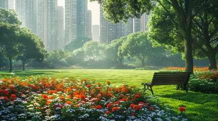 Rolgordijnen Urban Park in City Center, Lush Green Lawn with Modern Skyscrapers, Shanghais Urban Oasis © MDRAKIBUL