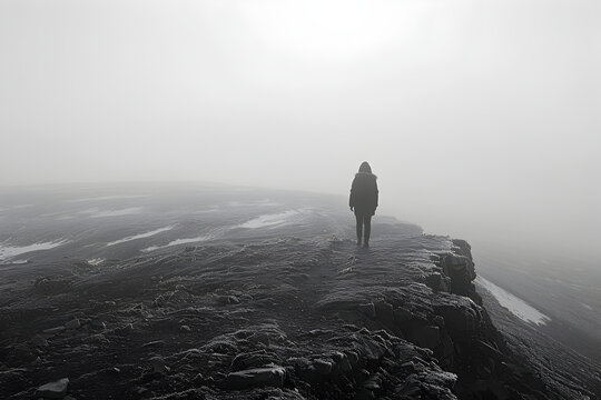 Black-and-white photograph of man Solitude Amidst Infinity