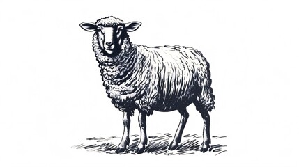 A hand-drawn standing sheep in a sketchy style, representing a wooly lamb. A vintage illustration of a farm animal.