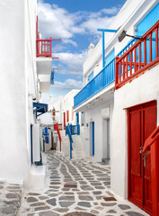 Narrow traditional streets on the island of Mykonos in Greece