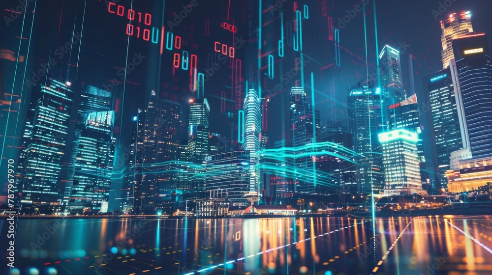 Poster stock market changes, business chart with changing lines and numbers. double exposure with building 
