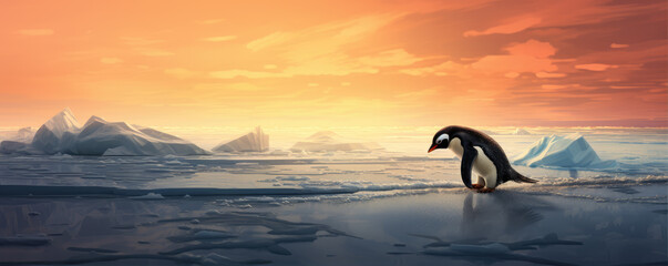 Lonely penguin on icy landscape at sunset - obrazy, fototapety, plakaty