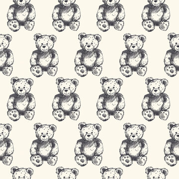 A black and white drawing of a teddy bear with a pattern of teddy bears in a row