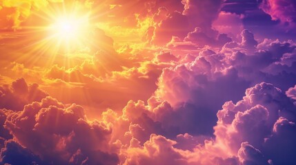 Sun heaven God yellow amazing beautiful shining with sunrise behind super nova light awesome clouds on warm bright day nature purple violet sunray sunbeam full color.