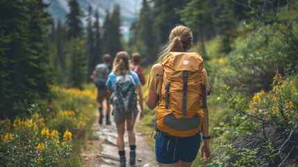 A group of people with backpacks walking down a trail, AI