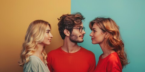 A man and two attractive females on a vibrant backdrop, representing the idea of non-monogamous relationships. - obrazy, fototapety, plakaty