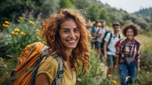 A group of a woman with brown hair and yellow backpack smiling, AI