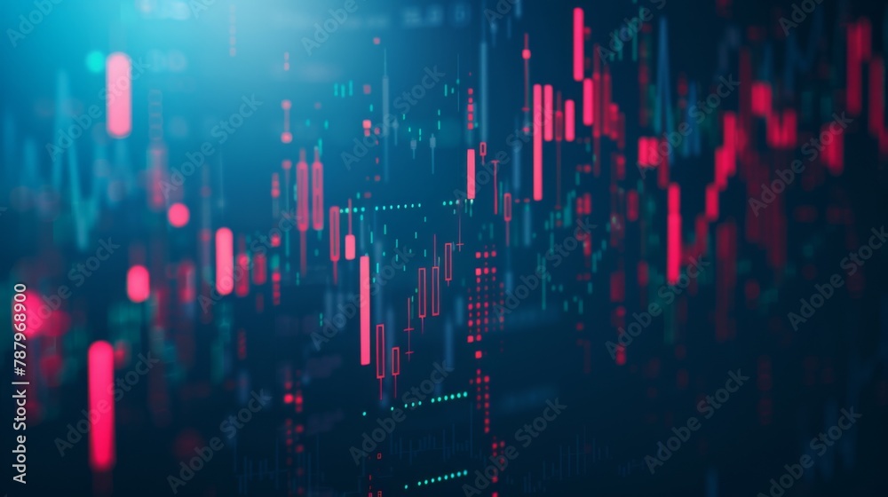 Poster technical price graph and indicator, red and green candlestick chart on blue theme screen, market vo