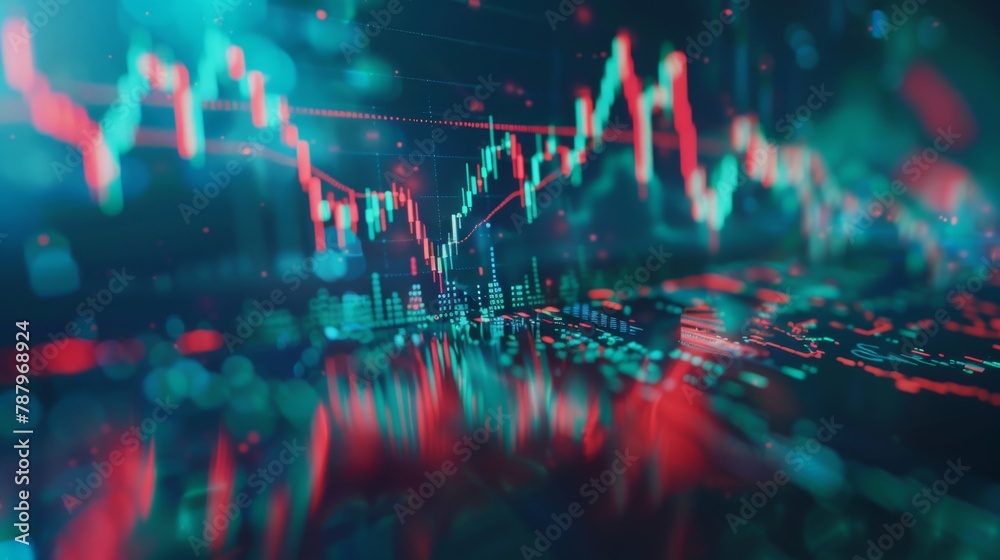 Poster technical price graph and indicator, red and green candlestick chart on blue theme screen, market vo