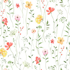 Floral seamless pattern with abstract green plants and colorful flowers, delicate isolated watercolor illustration for textile or wallpaper, background or cover, hand drawn print with design elements.