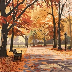 Vector art illustration of a serene autumn park scene with a wooden bench, pathway, colorful trees, and fallen leaves. Peaceful nature landscape ideal for seasonal designs and backgrounds.