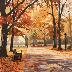 Sierkussen Vector art illustration of a serene autumn park scene with a wooden bench, pathway, colorful trees, and fallen leaves. Peaceful nature landscape ideal for seasonal designs and backgrounds. © SopranoPorchz
