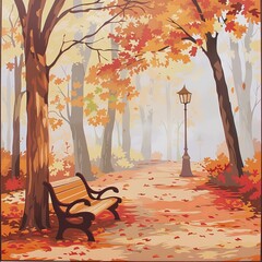 Vector art illustration of a serene autumn park scene with a wooden bench, pathway, colorful trees, and fallen leaves. Peaceful nature landscape ideal for seasonal designs and backgrounds. - obrazy, fototapety, plakaty