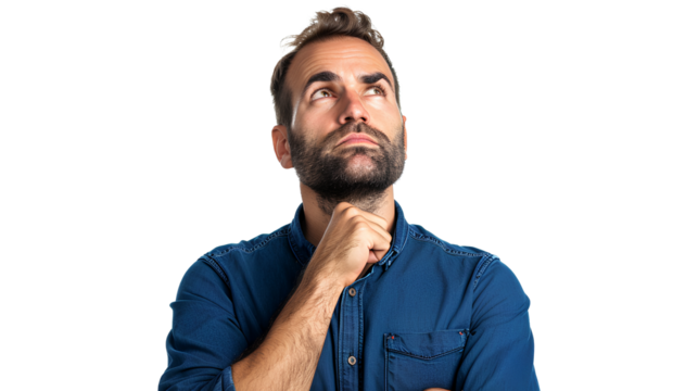 Portrait of a worried man casual blue shirt man isolated on a transparent background