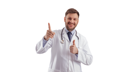 A smiling male doctor pointing a finger away isolated on a white background