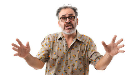 Naklejka premium Portrait of an annoyed frustrated bearded man standing with raised hands and indignant face asking why isolated on a white background