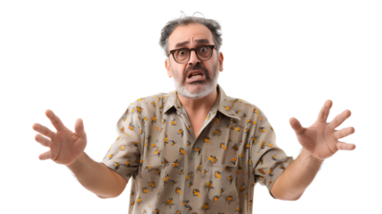 Portrait of an annoyed frustrated bearded man standing with raised hands and indignant face asking why isolated on a white background