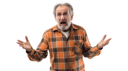 Portrait of an annoyed frustrated bearded man standing with raised hands and indignant face asking why isolated on a white background