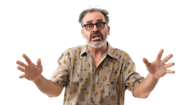 Portrait of an annoyed frustrated bearded man standing with raised hands and indignant face asking why isolated on a white background - Powered by Adobe