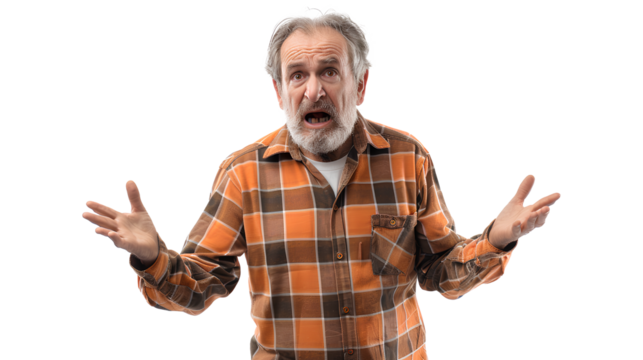 Portrait of an annoyed frustrated bearded man standing with raised hands and indignant face asking why isolated on a white background