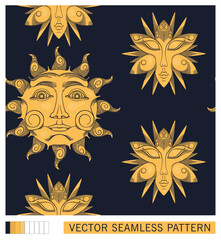 Stars around the sun. Ancient astronomical image of celestial bodies. Engraving. Seamless pattern. Vector graphics