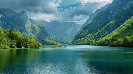 A large body of water surrounded by mountains and trees, AI