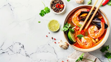 Top view of bowl with tomato thailand soup Tom Yam, tasty shrimps, mussels, shiitake mushrooms, lime, chili and wooden