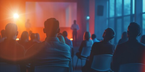 Business professionals attentively listening to a speaker at a seminar with spotlight and blue background