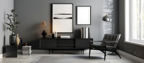 Modern living room interior with a sleek black dresser, chair, art prints, lamp, books, candles, decorative items, and stylish accessories - a design template for home decor.