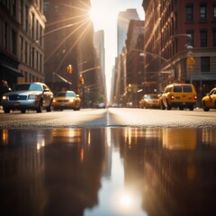 Yellow cab crossing a street in the downtown of Manhattan New York City. United states of America - obrazy, fototapety, plakaty