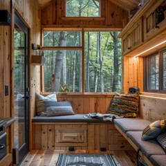 interior, interior of a house, tiny house, in the woods, house
