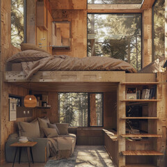 interior, interior of a house, tiny house, in the woods, house