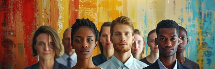 Fototapeta premium A diverse group of young professionals from various countries standing together in front of a vibrant and colorful wall