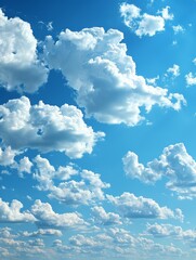 Light, airy clouds float in vast blue sky, creating tranquil, heavenly clear summer atmosphere with peaceful floating clouds - obrazy, fototapety, plakaty